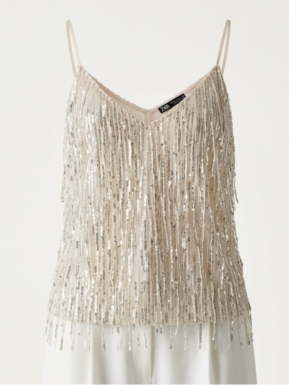 Zara Sequinned V-Neck Top with Fringe Silver Champagne S